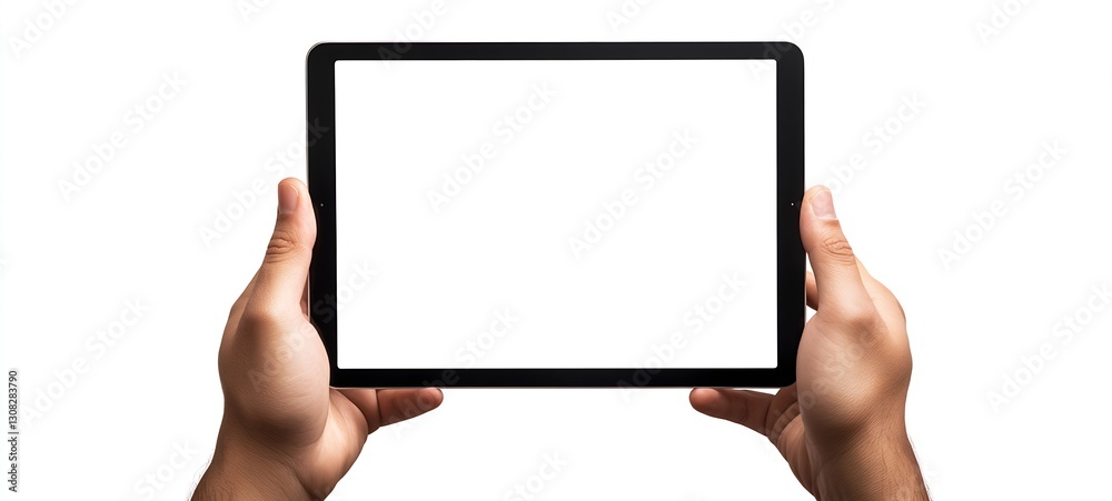 Poster hands holding a blank tablet with a black border against a white background : generative ai