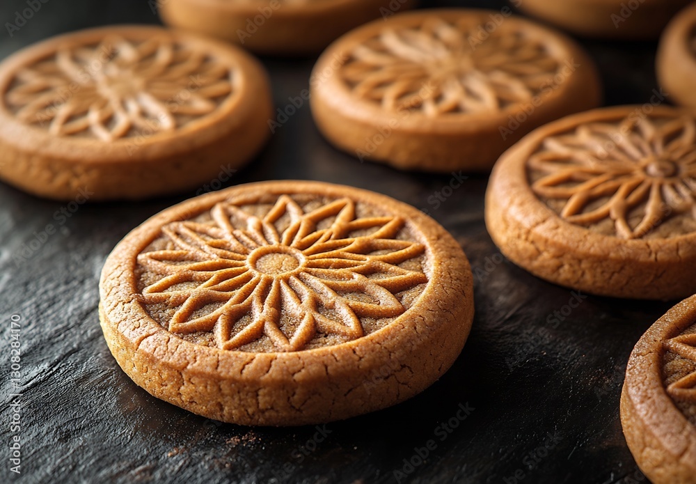Poster deliciously baked cookies with intricate designs displayed on dark stone surface : generative ai