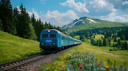 Obraz premium Scenic Train Journey through Lush Green Hills and Snowy Mountains