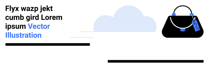 Stylized black handbag with blue tag beside soft cloud graphic, creating a contemporary aesthetic. Ideal for fashion, retail, branding, online shopping, advertising, minimalism, flat landing page