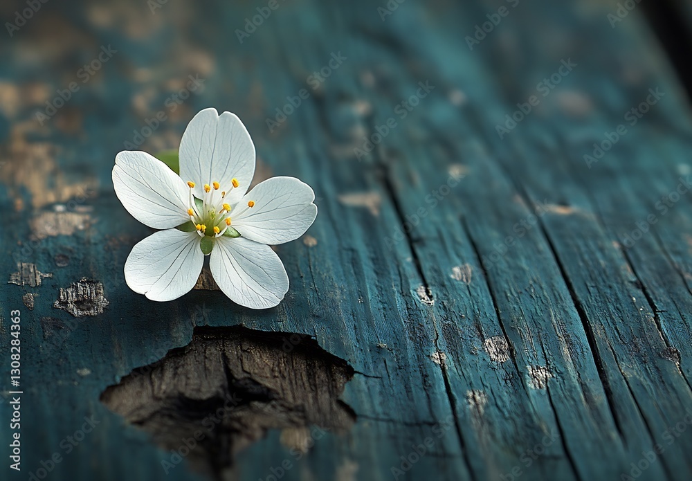 Poster delicate white flower on rustic background with weathered wood : generative ai