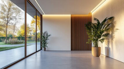 Fototapeta premium Bright and airy room featuring a green plant adding a touch of nature to a minimalist interior design aesthetic