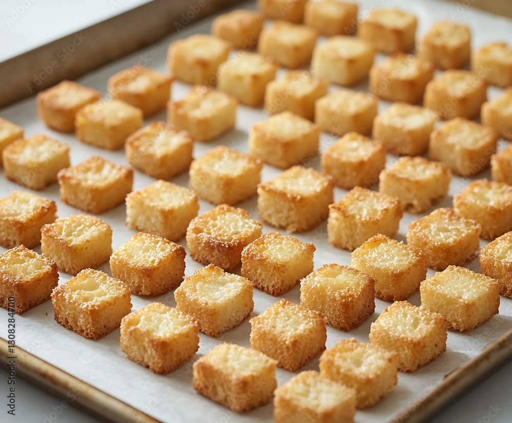 Poster golden crispy bread cubes perfectly toasted on a baking sheet : generative ai