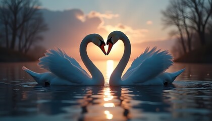 Romantic Swan Pair in Serene Lake at Sunset Reflection