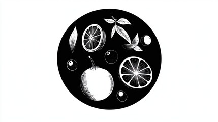 Circular fruit illustration, graphic design, fruit arrangement, food art, print design