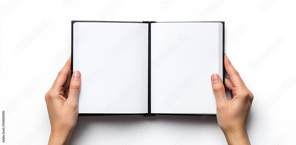 Poster Open blank notebook held by hands on minimalistic background ideal for writing and organization : Generative AI