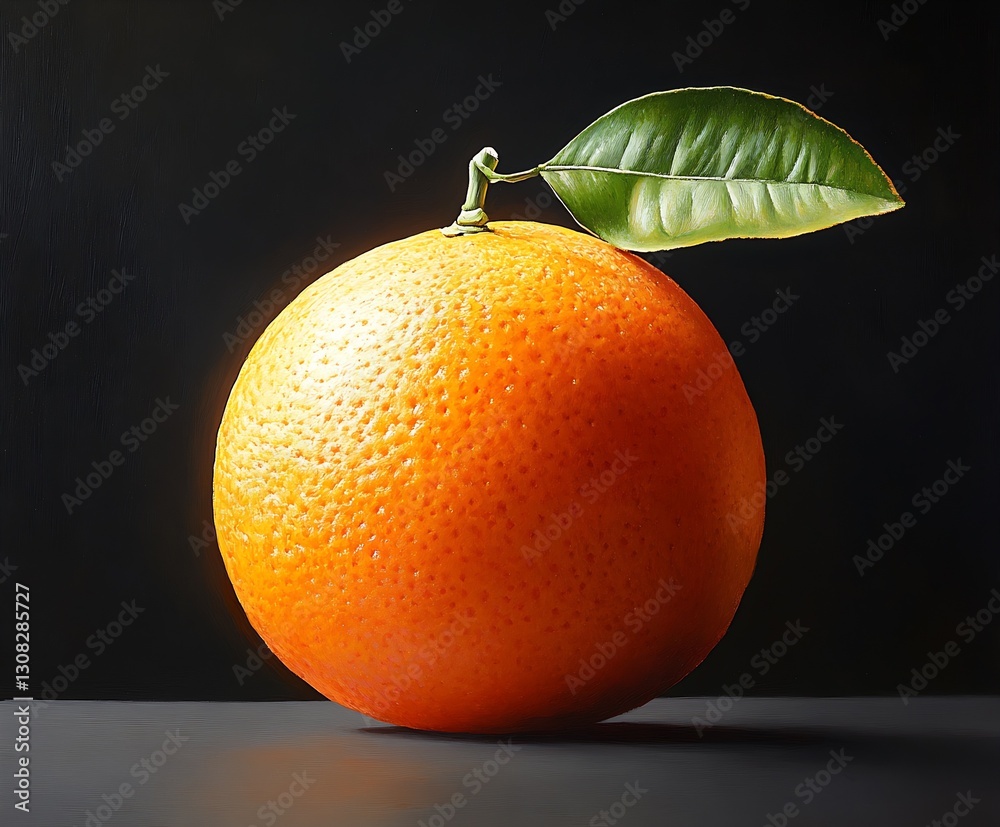 Poster Ripe Orange with Leaf on Dark Surface Highlighting its Smooth Texture and Color : Generative AI