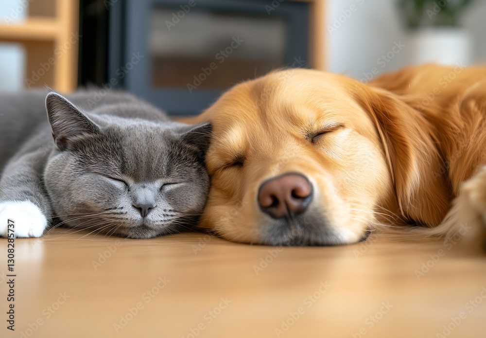 Poster cuddly gray cat and golden retriever sleeping side by side in cozy, calming home atmosphere : genera