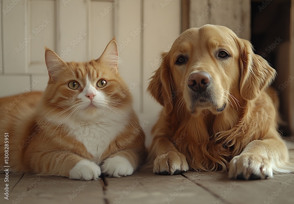 Poster charming cat and dog pair sitting together in a rustic indoor setting : generative ai