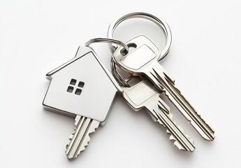 Set of house keys on a keychain with a house shaped key holder isolated on white background : Generative AI