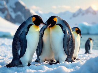 Generate a photo of penguins huddled closely together for warmth, braving the icy cold.  Focus on depth and mood, a vibrant vibe.  Use dramatic lighting and a cold, atmospheric feel.  Style is realist