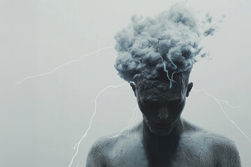 Illustration of a human figure  with a storm raging inside their head, symbolizing inner turmoil.