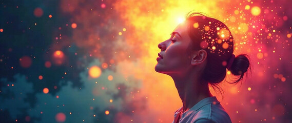 A vibrant, uplifting AI photo depicting the power of positive thinking.  Focus on mental health, well-being, and happiness.  Show a person radiating optimism with warm, natural light and a serene atmo