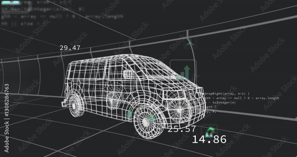 Poster wireframe van with data and graphs in futuristic animation interface