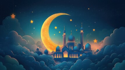A Mesmerizing Nighttime Scene Featuring a Glowing Crescent Moon Over a Majestic Mosque Surrounded by Stars and Clouds