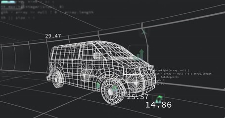 Wireframe van with data and graphs in futuristic animation interface - Powered by Adobe