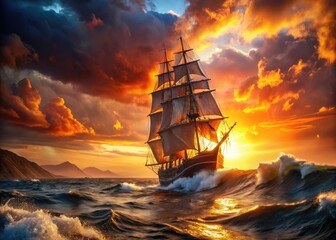 Obraz premium Majestic Sailing Ship, Fiery Sunset, Stormy Seas - Dramatic Ocean Photography