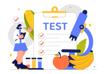 Food Science Illustration featuring Biotechnology for Food Engineering with Chemists Testing Products to Ensure Safety and Analyze Chemical Structures