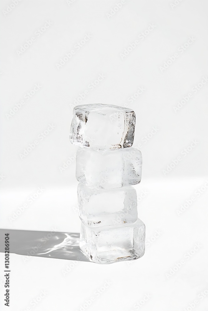 Poster Ice Cubes Stacked Neatly on White Background with Soft Shadows for Beverage Refreshment : Generative AI