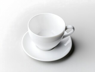 A ceramic coffee cup with a saucer, placed on a light gray background, showcasing a modern and clean design.