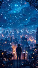 Digital starry sky city and character illustration abstract poster background