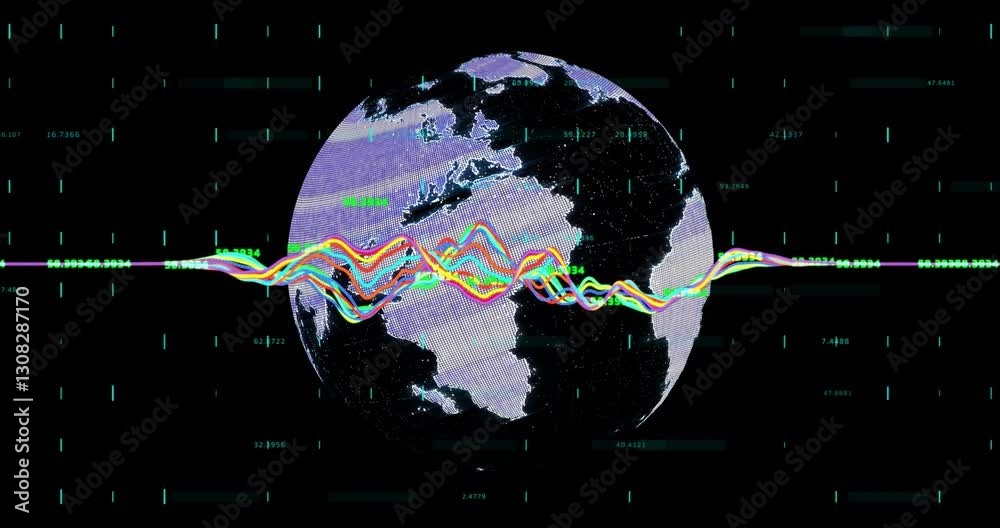 Poster globe with colorful data lines and binary code animation over continents