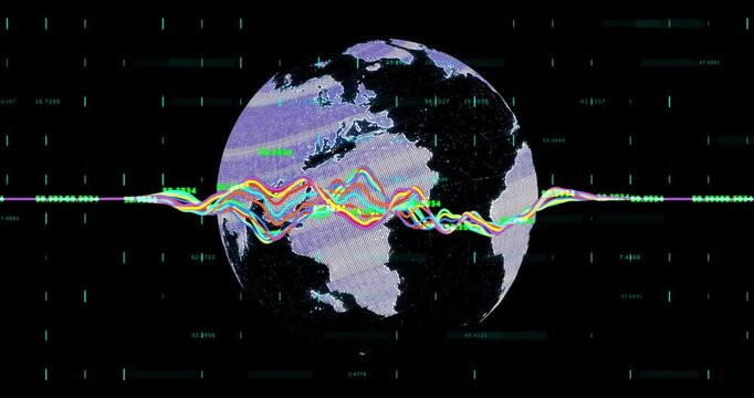 Globe with colorful data lines and binary code animation over continents
