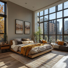 A stylish bedroom with a modern bed frame, accent wall, and floor-to-ceiling windows