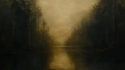 A serene painting depicting a winding river surrounded by lush green trees, with a small wooden boat gently floating on the water, reflecting the vibrant colors of nature.