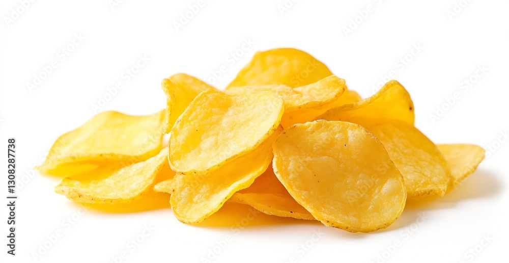 Poster crispy potato chips piled together on a clean white background for snacking and sharing : generative