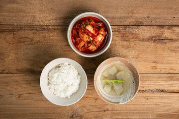 Rice, soup, and kimchi on the table