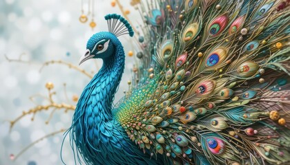 Fototapeta premium Exquisite Peacock Artwork Detailed Feathers Colorful Bird Elegant Nature