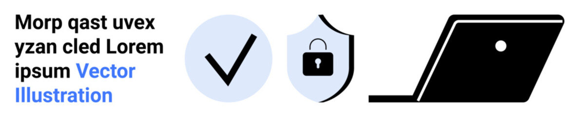 Laptop beside checkmark in circle and shield lock icon highlights security, privacy, verification, authentication, online protection, reliability, and trustworthiness. Ideal for data safety, abstract