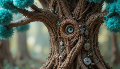 Mystical Tree with Teal Foliage and Embedded Eyes Fantasy Nature Art