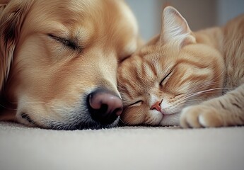 Golden Retriever and Ginger Cat Snuggling Together in Peaceful Moment : Generative AI