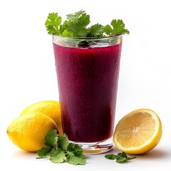 Fototapeta premium Freshly Made Beet Lemonade with Fresh Herbs in a Glass Served with Lemon Slices : Generative AI