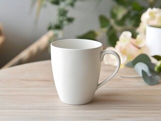 A coffee cup with a matte white finish, sitting on a light wooden table, with a clean and minimalist design.