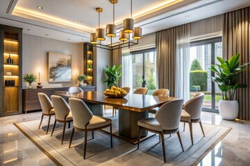 Fototapeta premium Minimalist Luxury Dining Room Design: Premium Property Interior, Stylish Furniture, Modern Elegance