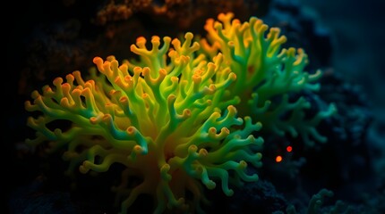 Close-up of vibrant, yellow-green coral polyps illuminated in a dark underwater setting.