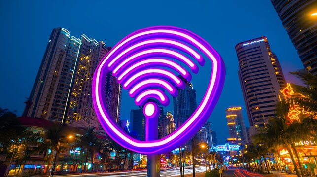 Purple Neon Wi Fi Symbol in Vibrant City Nightscape