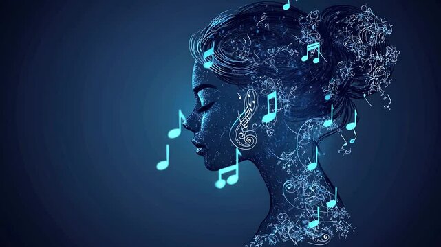 Mystical musical flow surrounding woman's head in the dark blue background