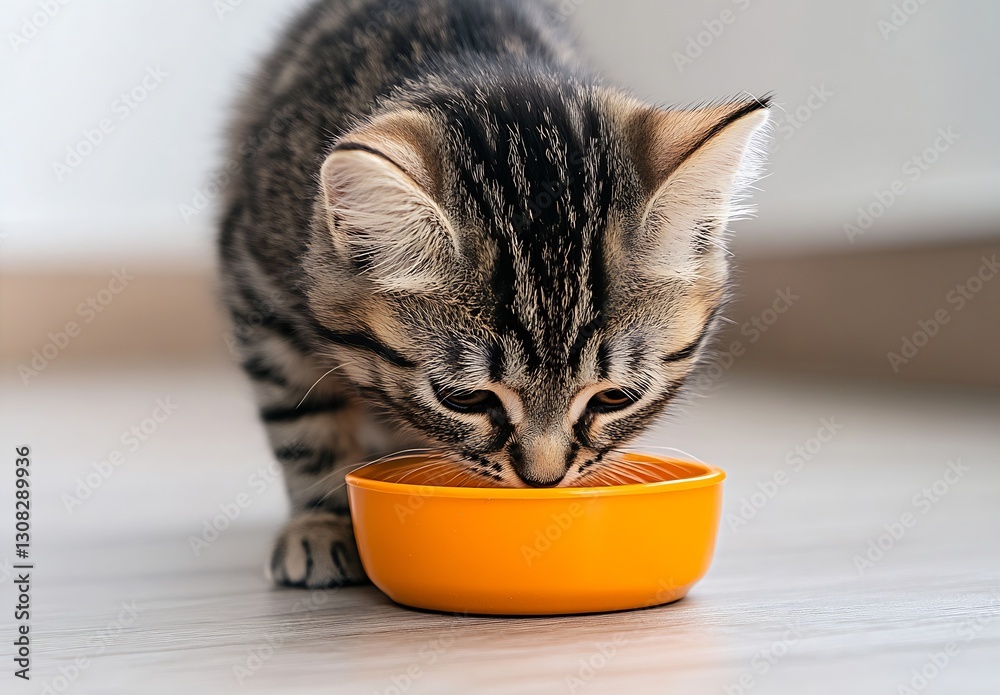 Aufkleber adorable kitten enjoying a meal from a bright orange bowl in a cozy indoor setting : generative ai