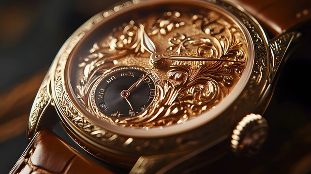 Golden Timepiece: A close-up showcases the intricate design of a luxury wristwatch, radiating opulence and artistry. The exquisite craftsmanship is highlighted with intricate details.