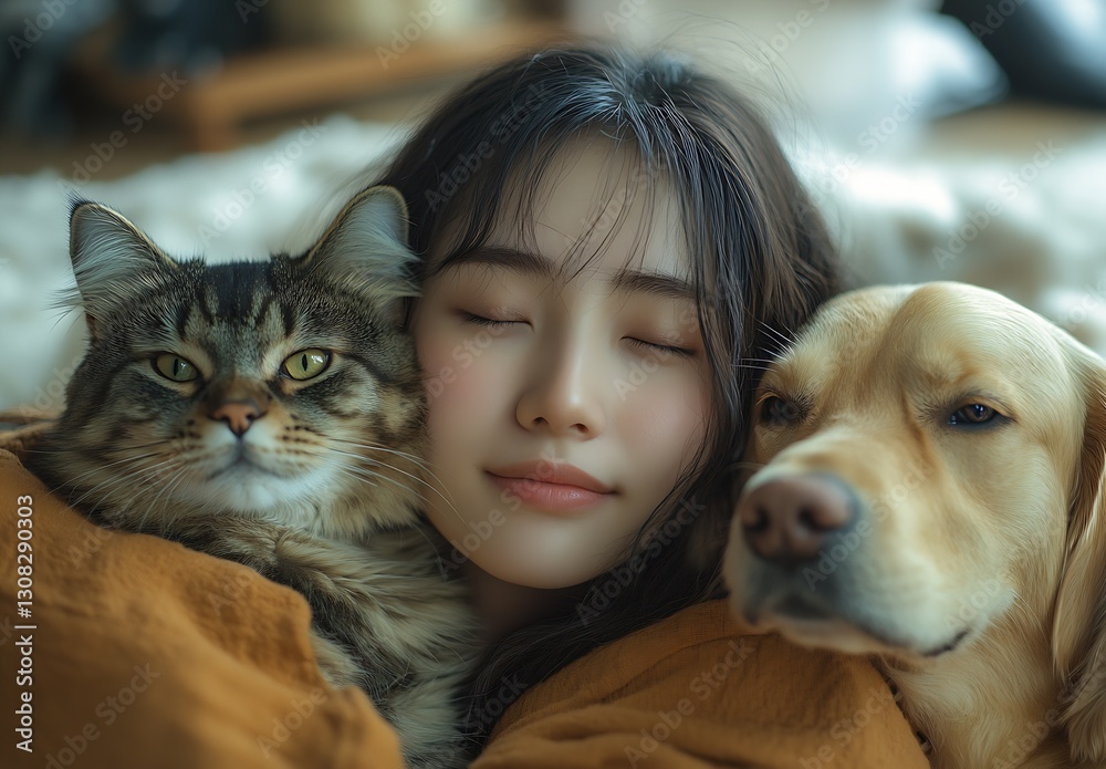 Poster girl enjoying moment with tabby cat and golden retriever in warm blanket : generative ai
