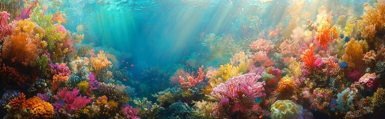 Naklejka premium A colorful underwater scene with many different types of fish and coral