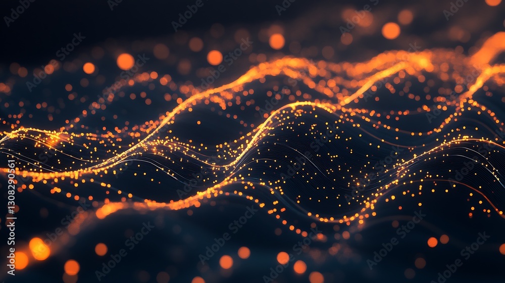 Leinwandbilder Abstract Waves of Orange Particles Representing Digital Connection and Flowing Energy : Generative AI