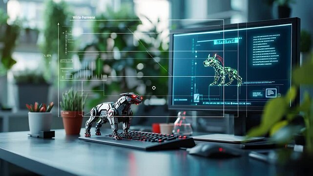 Futuristic workspace featuring a robotic dog model on a desk with plants, computer, and blueprints