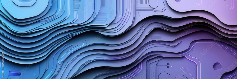 Poster Futuristic paper art background with abstract layered cut outs in cool tones representing data flows and digital circuits Generative AI