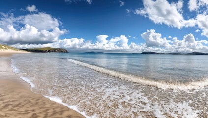 Obraz premium Picturesque beach scene with soft waves gently lapping onto golden sand, a tranquil coastal vista under a vibrant blue sky dotted with fluffy white clouds. 