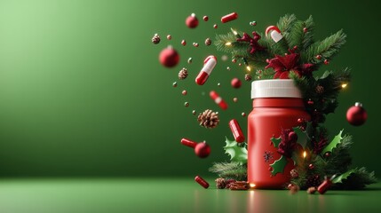 Prescription bottle of pills surrounded by colorful christmas decorations creating a contrasting holiday scene